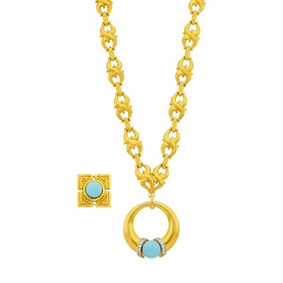 Lot 176 - Long Hammered Gold Chain Necklace with Two Two-Color Gold, Turquoise and Diamond Pendants