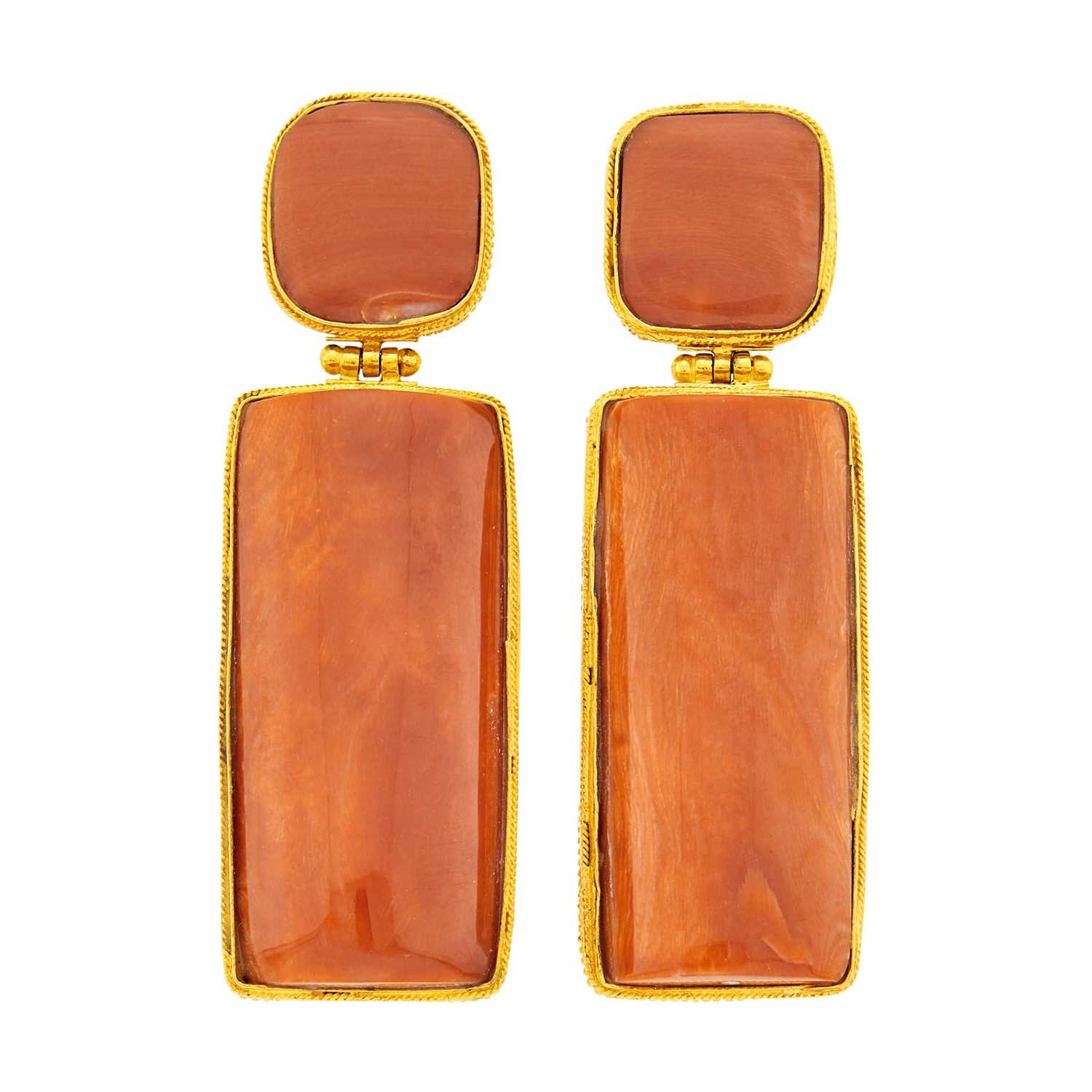 Lot 175 - Pair of Gold and Coral Pendant-Earrings