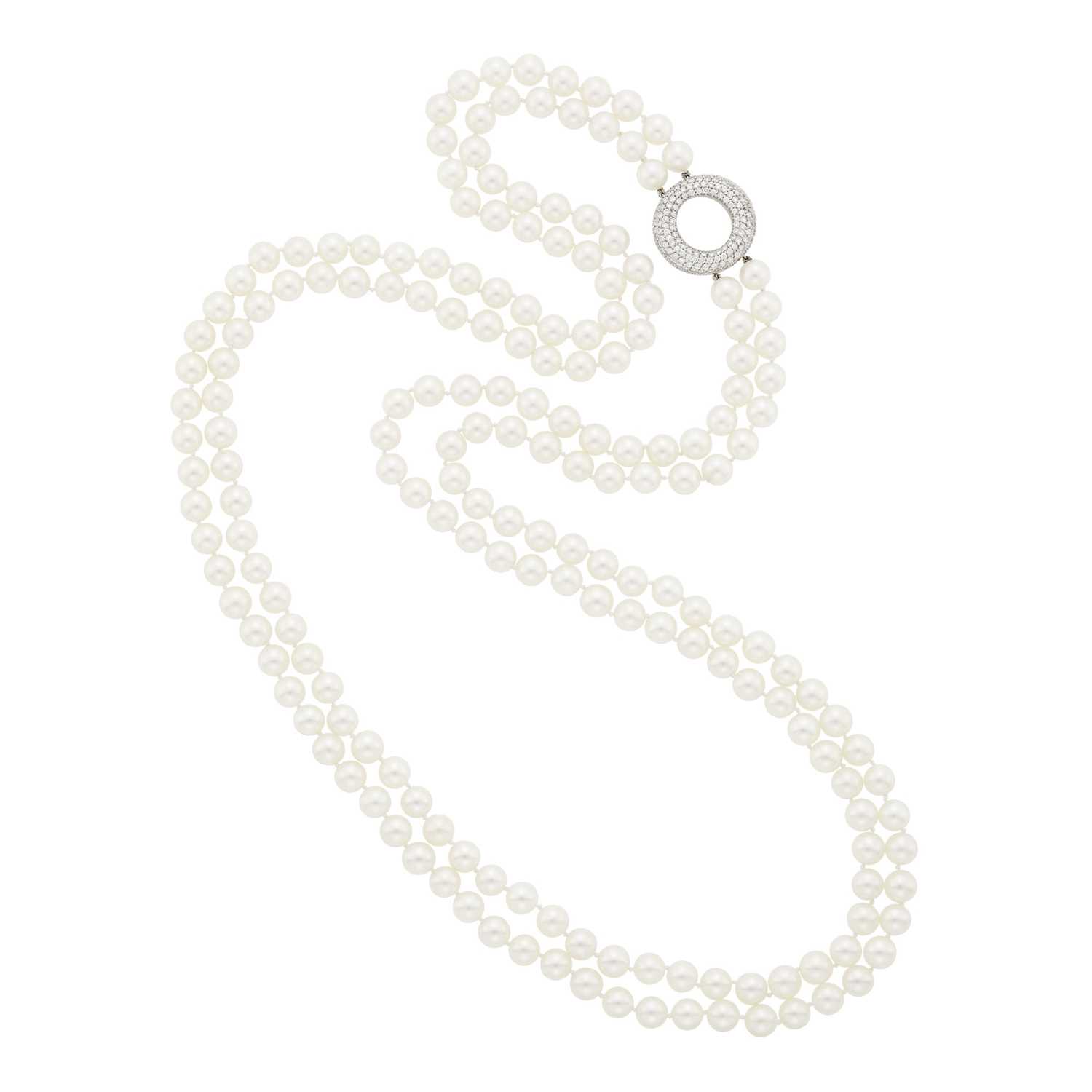 Lot 50 - Long Double Strand Cultured Pearl, White Gold and Diamond Necklace
