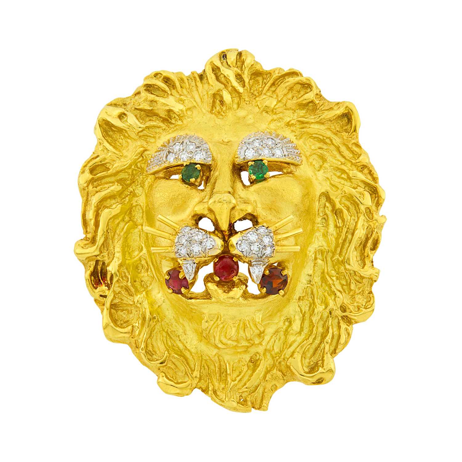 Lot 146 - Two-Color Gold, Colored Stone and Diamond Lion Pendant-Brooch