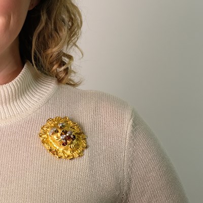 Lot 146 - Two-Color Gold, Colored Stone and Diamond Lion Pendant-Brooch