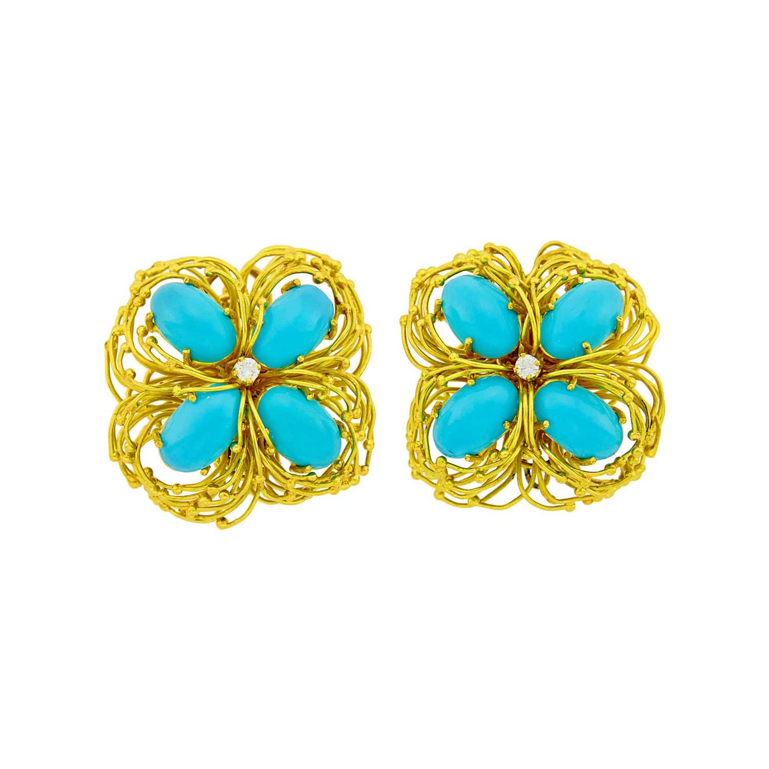 Lot 61 - Pair of Gold Wire, Turquoise and Diamond Earrings