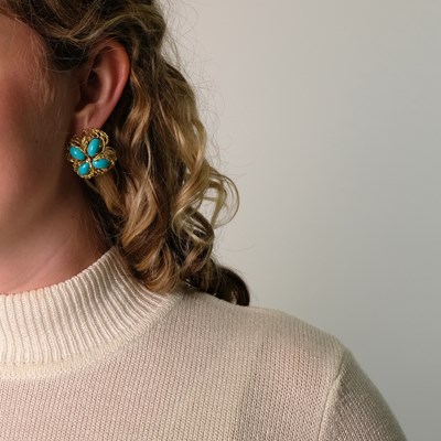 Lot 61 - Pair of Gold Wire, Turquoise and Diamond Earrings