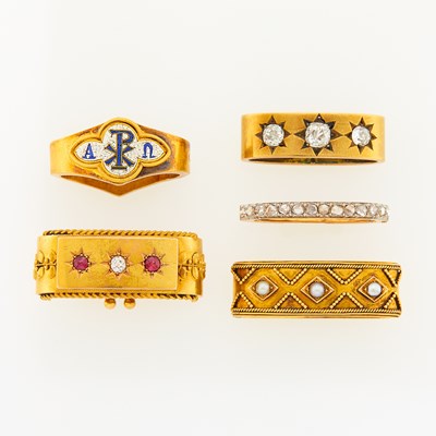 Lot 2193 - Group of Antique Gold, Diamond and Gem-Set Scarf Rings/Shortener