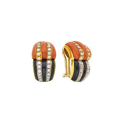 Lot 1007 - Pair of Gold, Coral, Black Onyx and Diamond Bombé Earclips