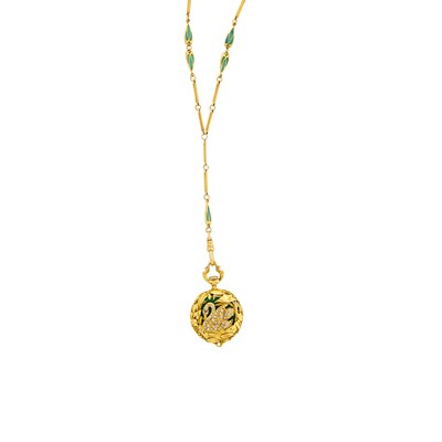 Lot 54 - Tiffany & Co. Art Nouveau Gold, Green Guilloché Enamel and Diamond Open-Face Pendant-Watch with Gold and Green Enamel Chain