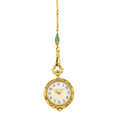 Lot 54 - Tiffany & Co. Art Nouveau Gold, Green Guilloché Enamel and Diamond Open-Face Pendant-Watch with Gold and Green Enamel Chain