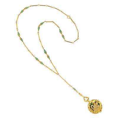 Lot 54 - Tiffany & Co. Art Nouveau Gold, Green Guilloché Enamel and Diamond Open-Face Pendant-Watch with Gold and Green Enamel Chain