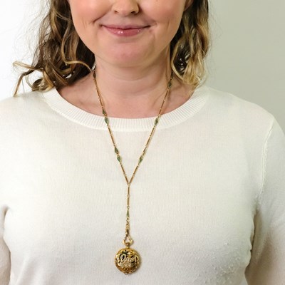 Lot 54 - Tiffany & Co. Art Nouveau Gold, Green Guilloché Enamel and Diamond Open-Face Pendant-Watch with Gold and Green Enamel Chain