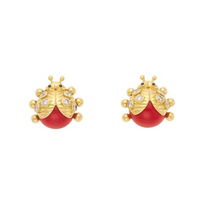 Lot 2041 - Pair of Gold, Red Plastic and Diamond Ladybug Earclipsm, France