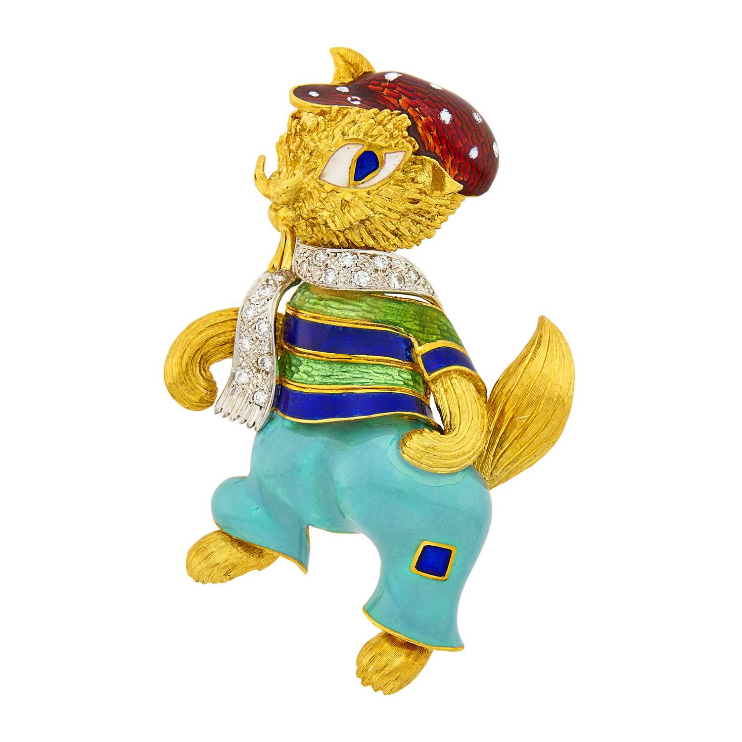 Lot 104 - Two-Color Gold, Enamel and Diamond Cat Clip-Brooch