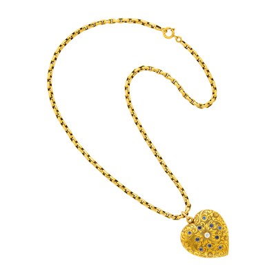 Lot 1028 - Antique Gold, Sapphire and Diamond Heart Locket with Gold Link Necklace