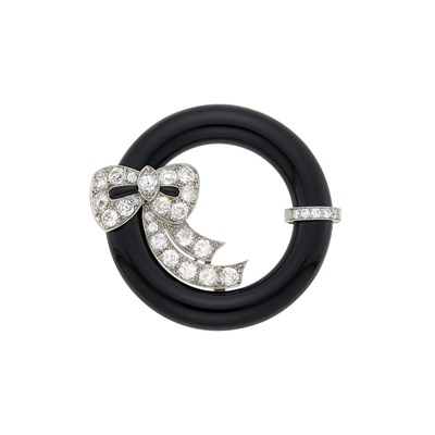 Lot 187 - Platinum, Black Onyx and Diamond Circle Bow Brooch