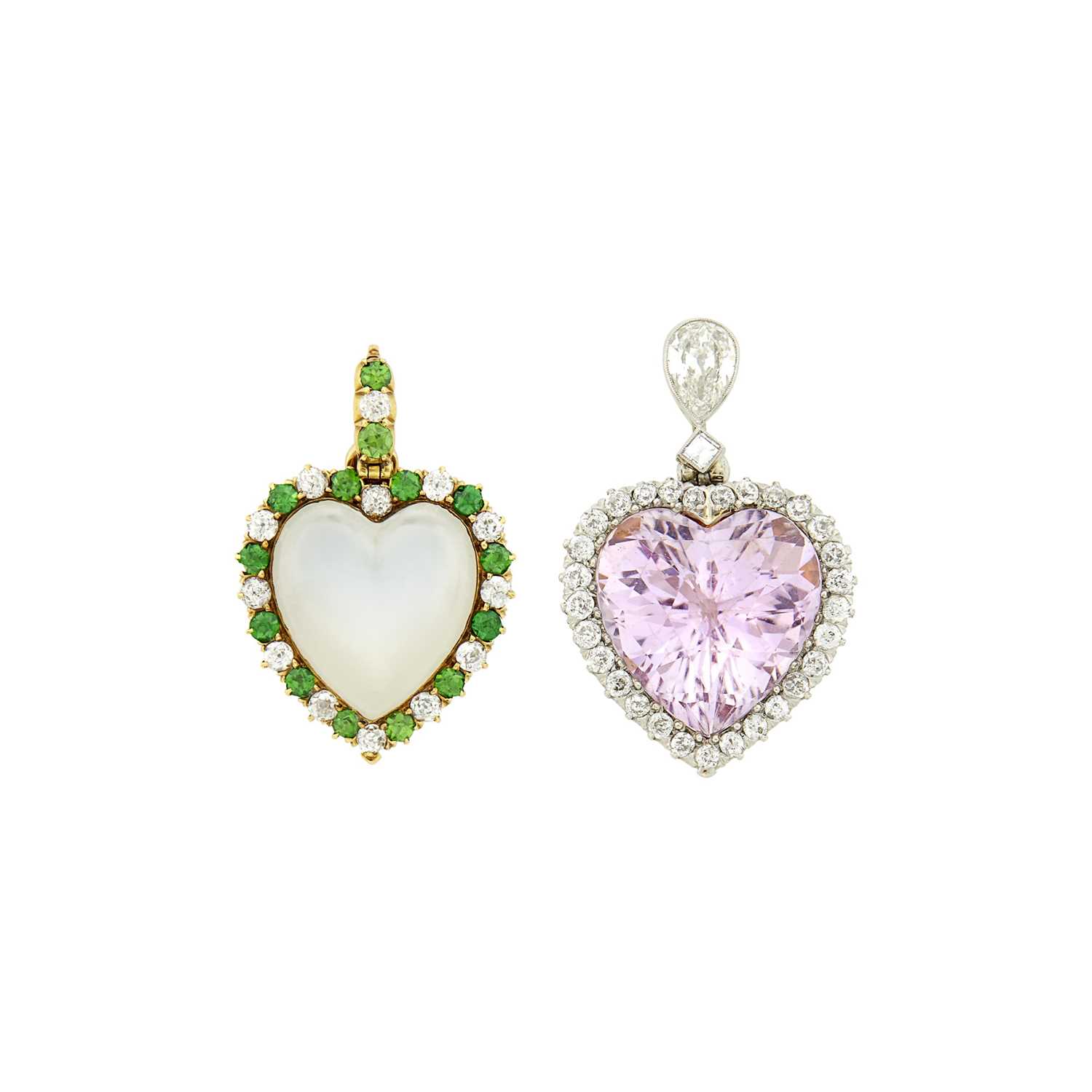 Lot 75 - Antique Moonstone, Demantoid Garnet and Diamond Heart Pendant-Pin and Bailey Banks & Biddle Kunzite and Diamond Heart Pendant