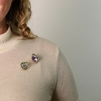 Lot 75 - Antique Moonstone, Demantoid Garnet and Diamond Heart Pendant-Pin and Bailey Banks & Biddle Kunzite and Diamond Heart Pendant