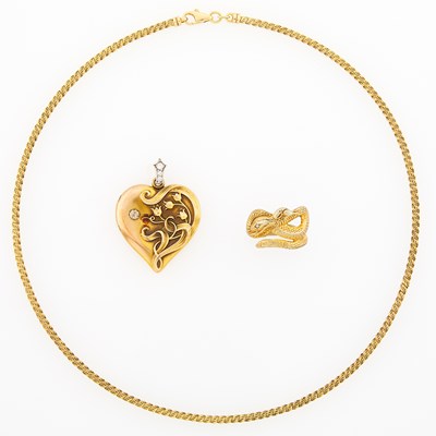 Lot 2201 - Two-Color Gold and Diamond Heart Locket with Chain Necklace and Silver Serpent Ring