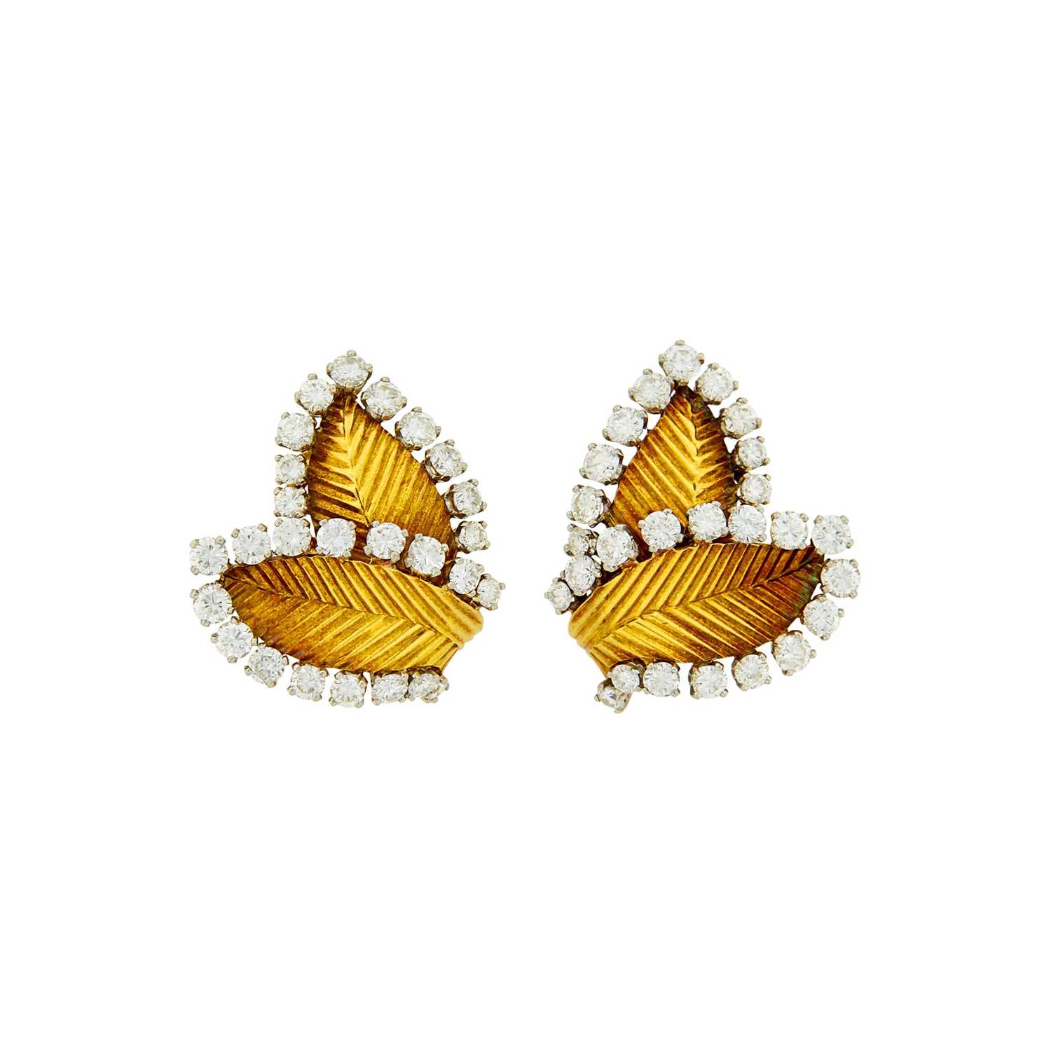 Lot 139 - Neiman Marcus Pair of Gold, Platinum and Diamond Leaf Earclips, France