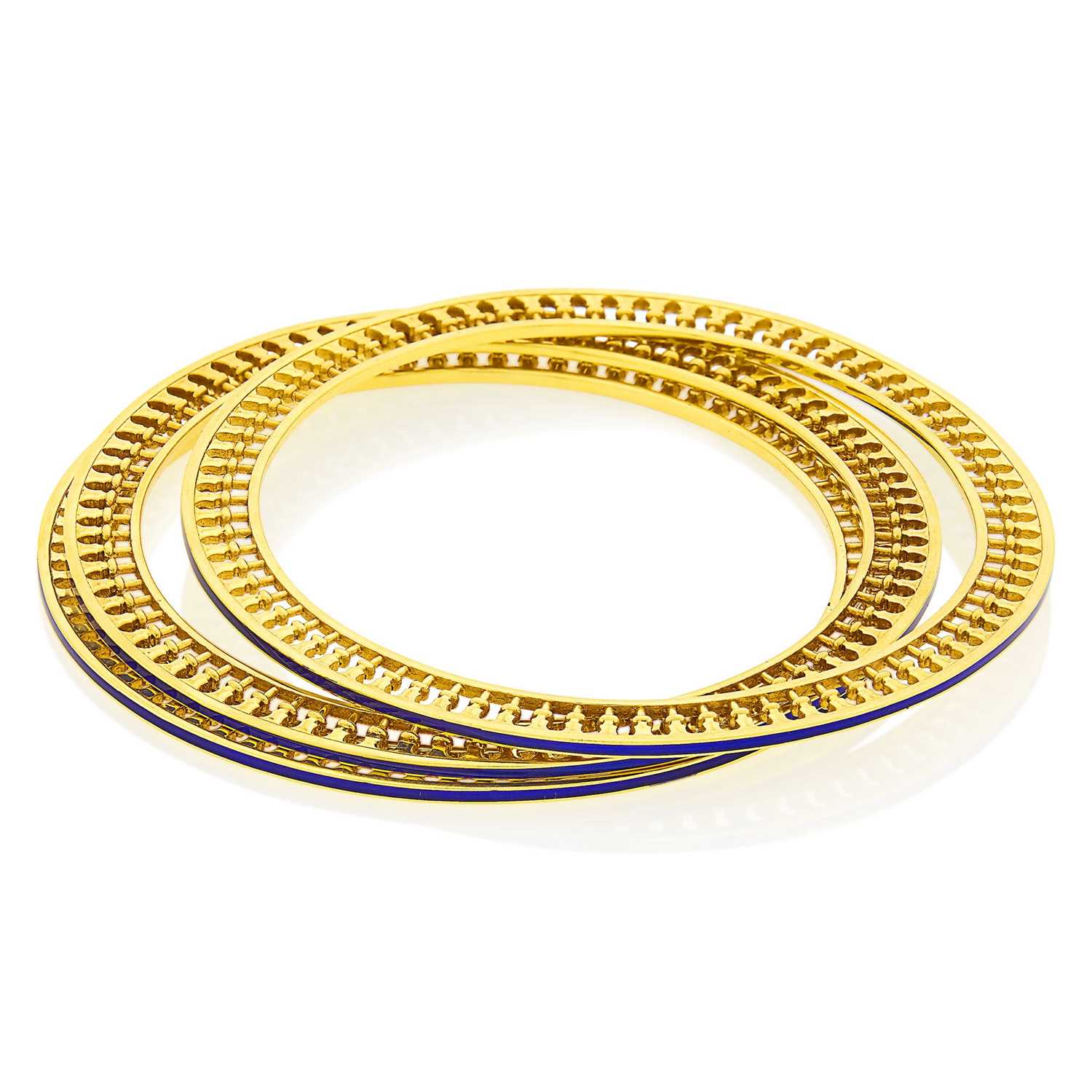 Lot 102 - Tiffany & Co., Paloma Picasso Three Gold and Blue Enamel 'Venezia' Bangle Bracelets