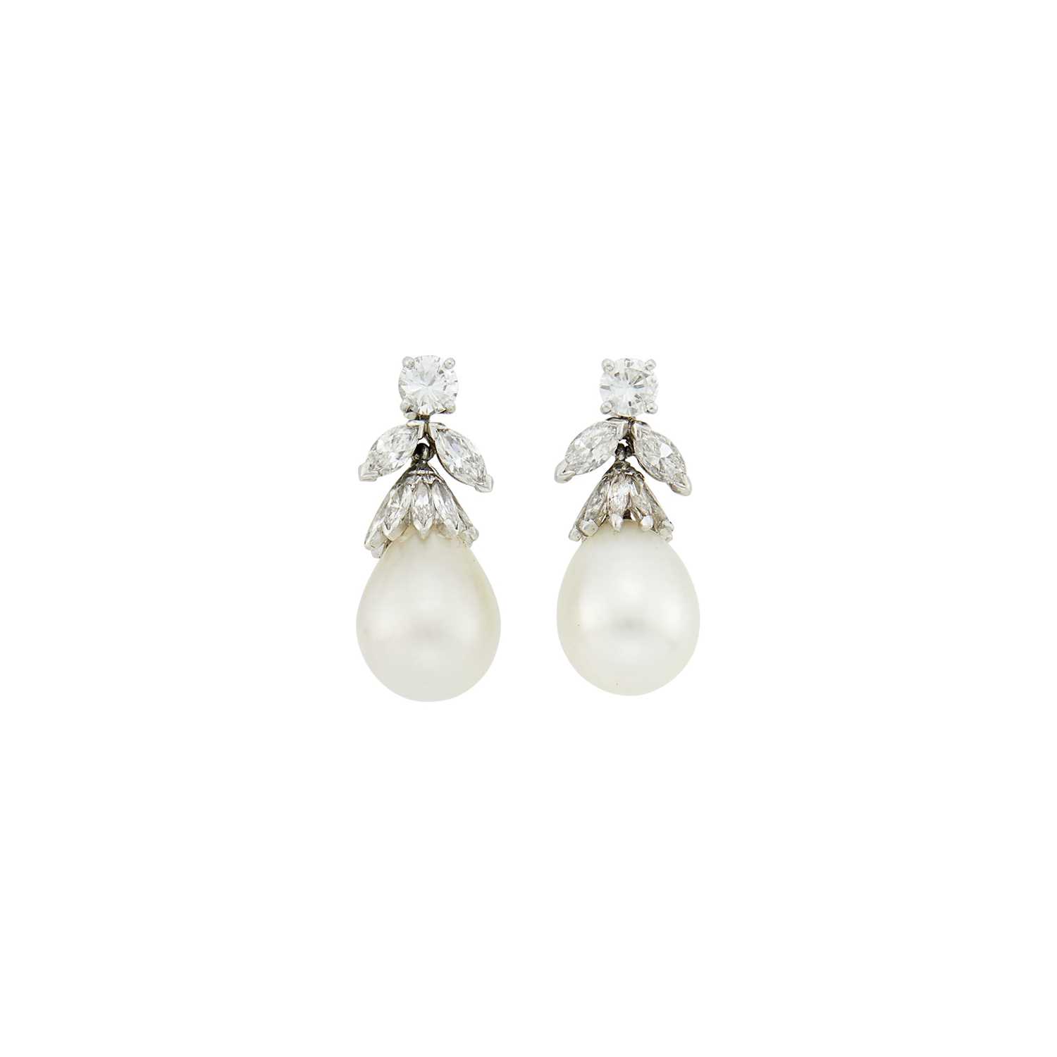 Lot 55 - Pair of Platinum, Cultured Pearl and Diamond Pendant-Earrings