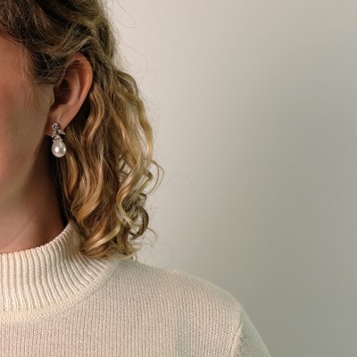 Lot 55 - Pair of Platinum, Cultured Pearl and Diamond Pendant-Earrings