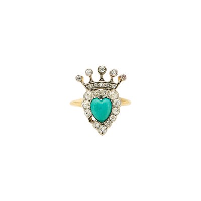 Lot 2206 - Gold, Platinum, Turquoise and Diamond Heart and Crown Ring