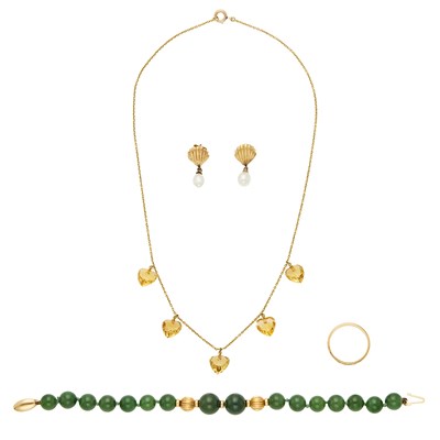 Lot 2297 - Gold and Citrine Heart Fringe Necklace, Nephrite Bead Bracelet, Pair of Freshwater Pearl Earrings and Band Ring