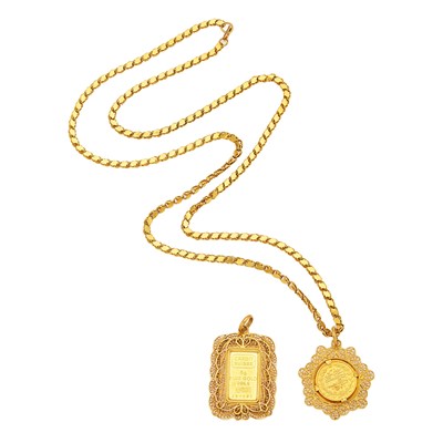 Lot 2041 - Gold Chain with High Karat Gold Bar and Gold Coin Pendants