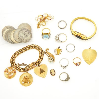 Lot 2051 - Group of Gold, Low Karat Gold, Silver and Metal Jewelry and United States Coins