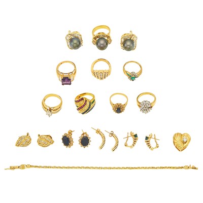 Lot 2053 - Group of Gold, Low Karat Gold, Diamond and Cultured Pearl Jewelry