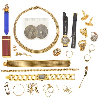 Lot 2111 - Group of Gold, Low Karat Gold, Gold-Filled and Metal Jewelry, Two Wristwatches and Lighter