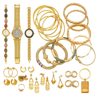 Lot 2110 - Group of Gold, Low Karat Gold, Gold-Filled and Metal Jewelry and Three Wristwatches