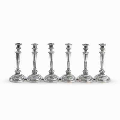 Lot 100 - Set of Six Regency Silver-Plated Candlesticks