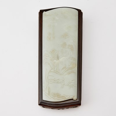 Lot 56 - A Chinese White Jade Scroll Form Plaque and Stand