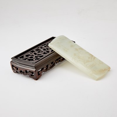 Lot 56 - A Chinese White Jade Scroll Form Plaque and Stand