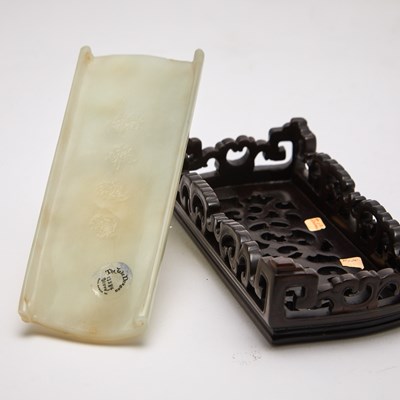 Lot 56 - A Chinese White Jade Scroll Form Plaque and Stand