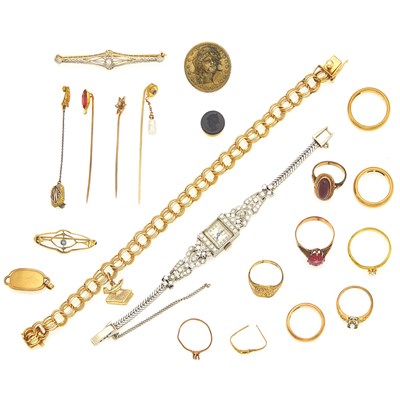 Lot 2057 - Group of Gold, Low Karat Gold, Gold-Filled, Platinum and Metal Jewelry and Hamilton White Gold and Diamond Wristwatch