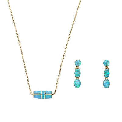 Lot 2049 - Pair of Gold and Opal Pendant-Earrings and Pendant with Silver-Gilt Chain