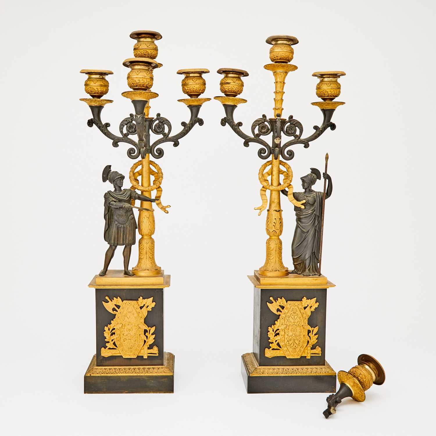 Lot 483 - Pair of Empire Style Gilt and Patinated Bronze Figural Six-Light Candelabra