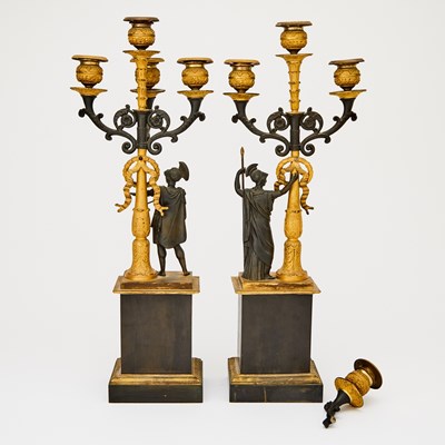 Lot 483 - Pair of Empire Style Gilt and Patinated Bronze Figural Six-Light Candelabra