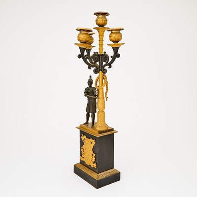 Lot 483 - Pair of Empire Style Gilt and Patinated Bronze Figural Six-Light Candelabra