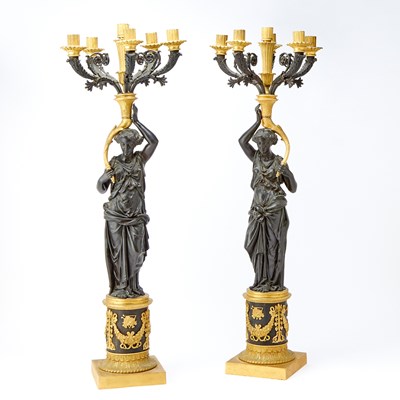 Lot 482 - Pair of Large Empire Style Gilt and Patinated Bronze Six-Light Candelabra