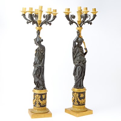 Lot 482 - Pair of Large Empire Style Gilt and Patinated Bronze Six-Light Candelabra