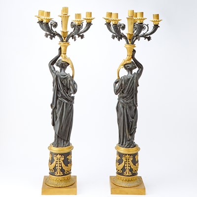 Lot 482 - Pair of Large Empire Style Gilt and Patinated Bronze Six-Light Candelabra