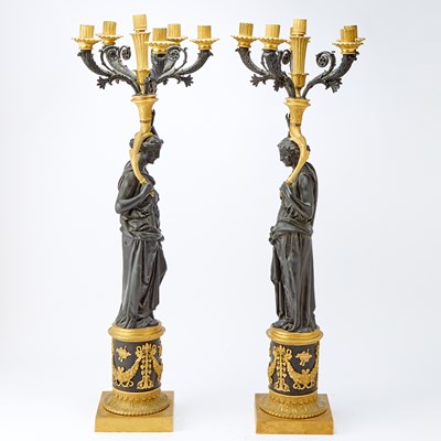 Lot 482 - Pair of Large Empire Style Gilt and Patinated Bronze Six-Light Candelabra