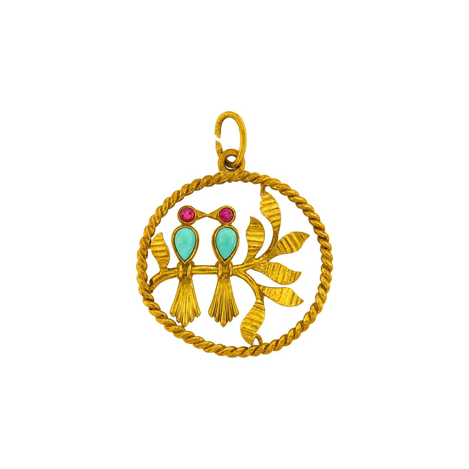Lot 103 - Van Cleef & Arpels Gold, Turquoise and Ruby Lovebirds Pendant