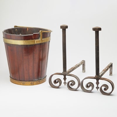 Lot 313 - Pair of Iron Scrolled Arm Andirons Together with a Mahogany and Brass Coal Bucket