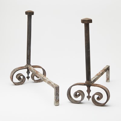 Lot 313 - Pair of Iron Scrolled Arm Andirons Together with a Mahogany and Brass Coal Bucket
