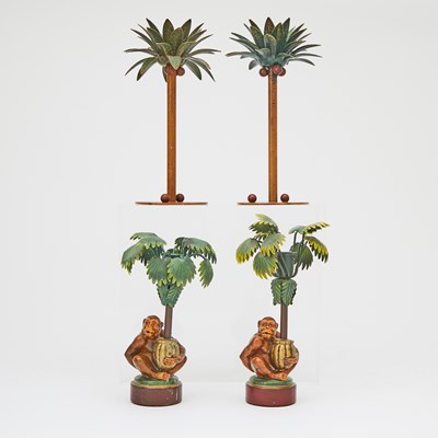 Lot 317 - Pair of Tole Monkey-Form Candlesticks Together with a Pair of Palm Tree Candlesticks