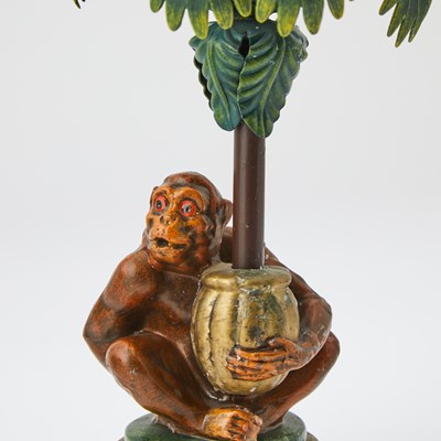 Lot 317 - Pair of Tole Monkey-Form Candlesticks Together with a Pair of Palm Tree Candlesticks