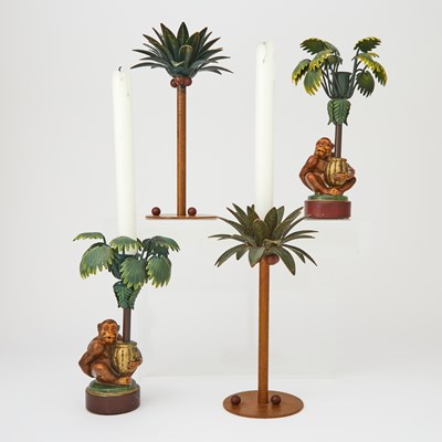 Lot 317 - Pair of Tole Monkey-Form Candlesticks Together with a Pair of Palm Tree Candlesticks
